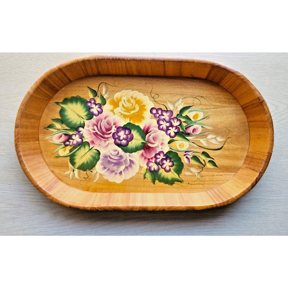 TRAY-WOODEN-HAND PAINTED-Floral-Lightweight-Artist-Bright Colors-18 in X 10 in - Picture 2 of 12
